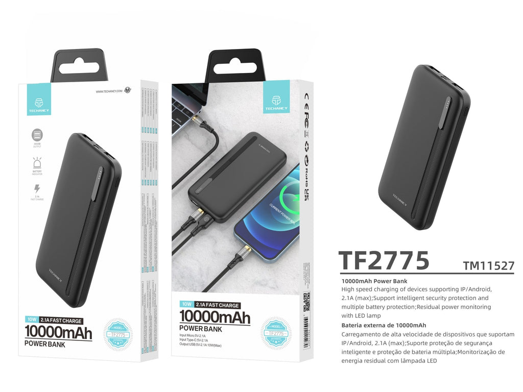 Techancy Power Bank 10000mah Preto TF2775, Carregamento Rápido De 10w Para Smartphones, Tablets E Muito Mais!