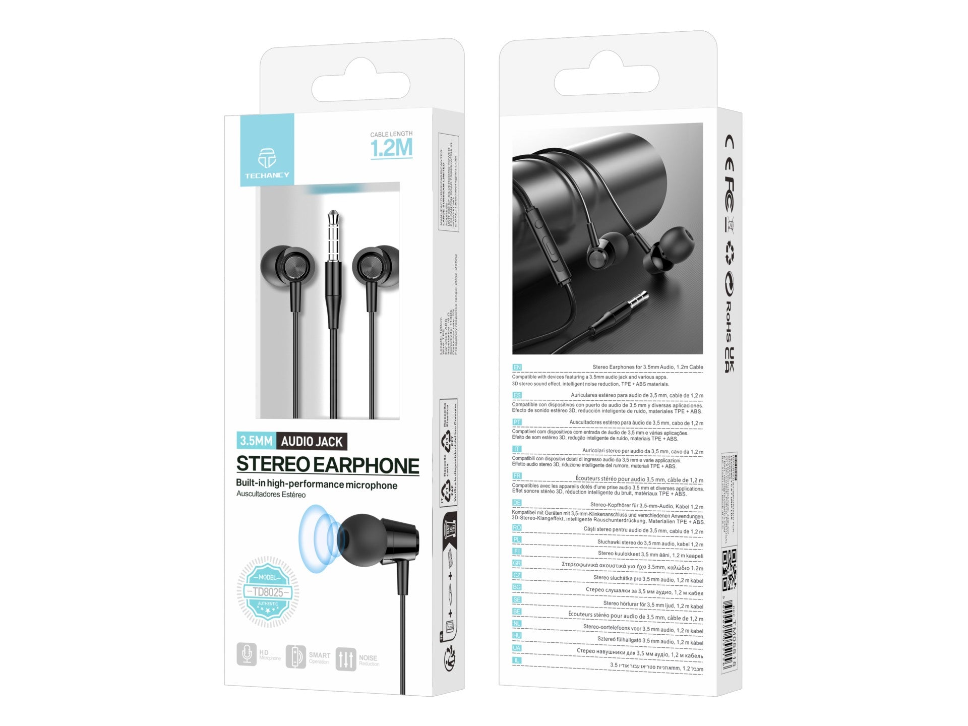 Techancy Auriculares Intra TD8025 Fio 3.5mm Estereo com Microfone Cabo 1.2M Cancelamento Ruido Som HD Compativel iPhone Samsung Huawei Xiaomi PC Preto