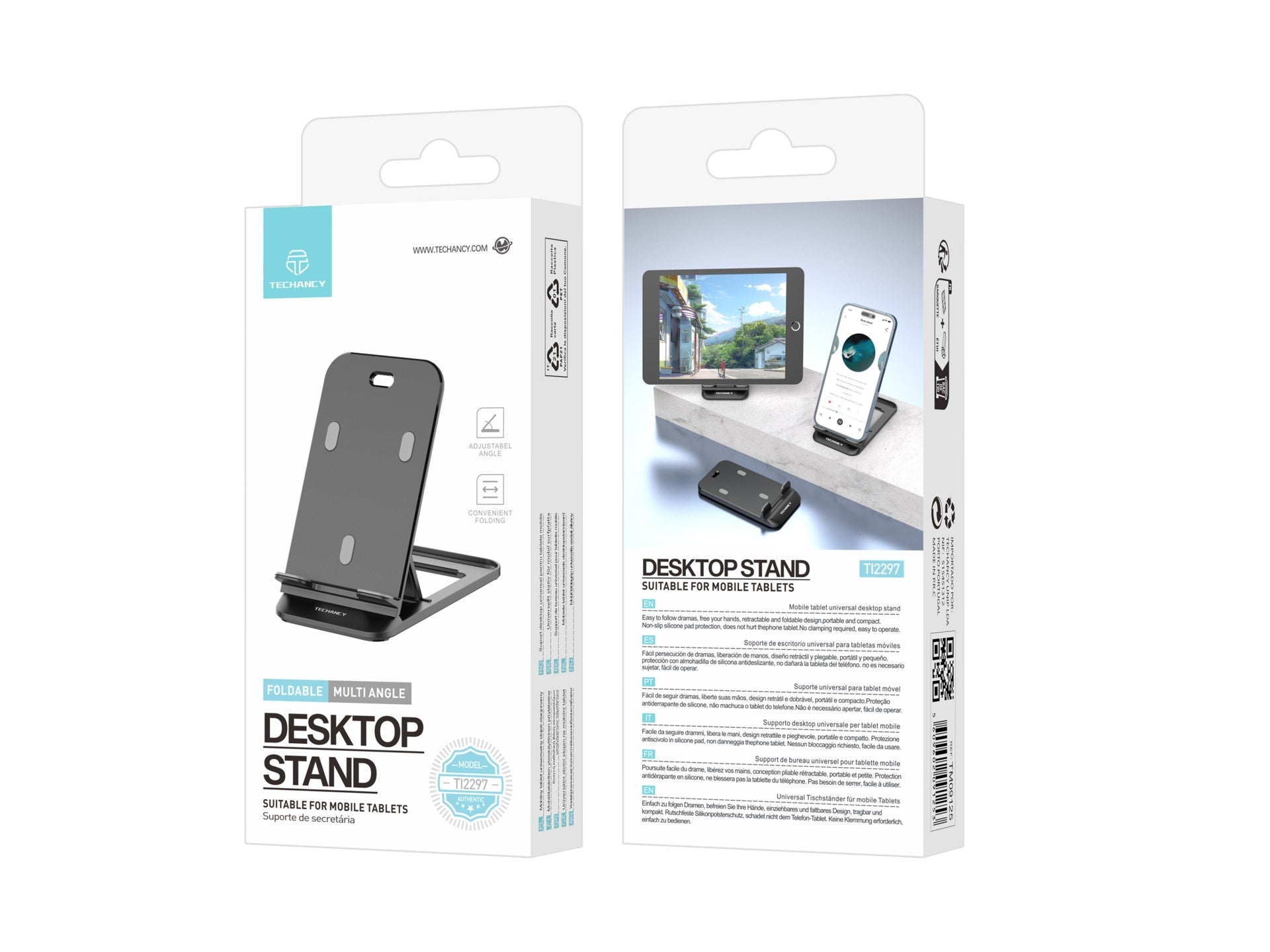 Techancy Suporte Para Telemóvel De Secretária Preto Ti2297, Design Dobrável Para Dispositivos Móveis, Tablets E Telemóveis