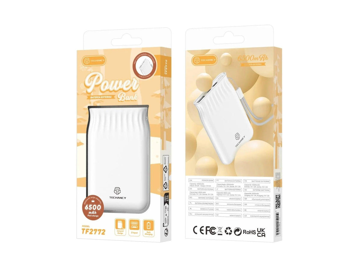 Techancy 6500mah Power Bank Branco TF2772，Carregamento De Telemóvel/Tablet Compatível Com 2A, Fonte De Alimentação Portátil