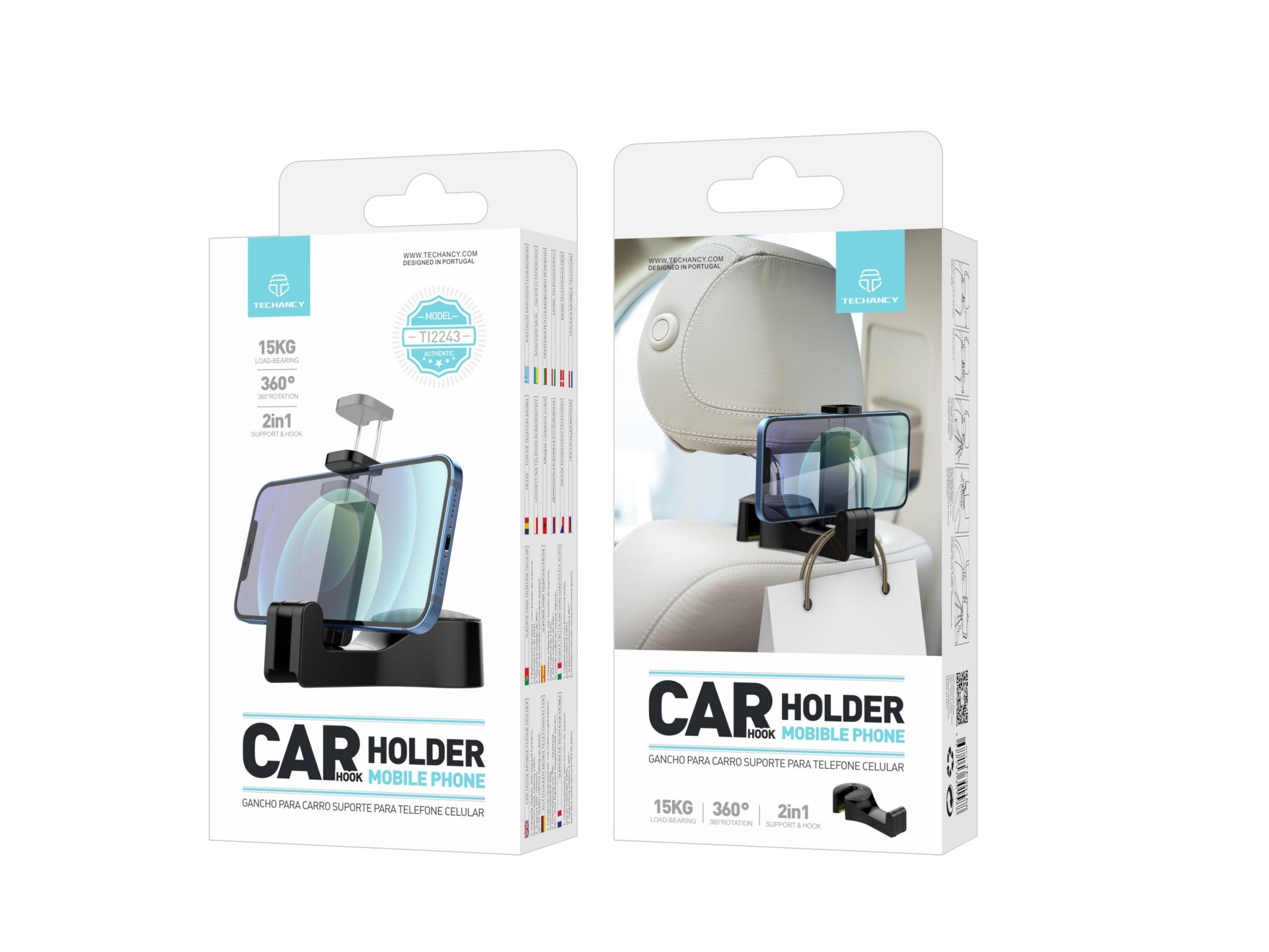 Suporte para telemóvel com gancho para banco traseiro do carro Techancy, TI2243, preto