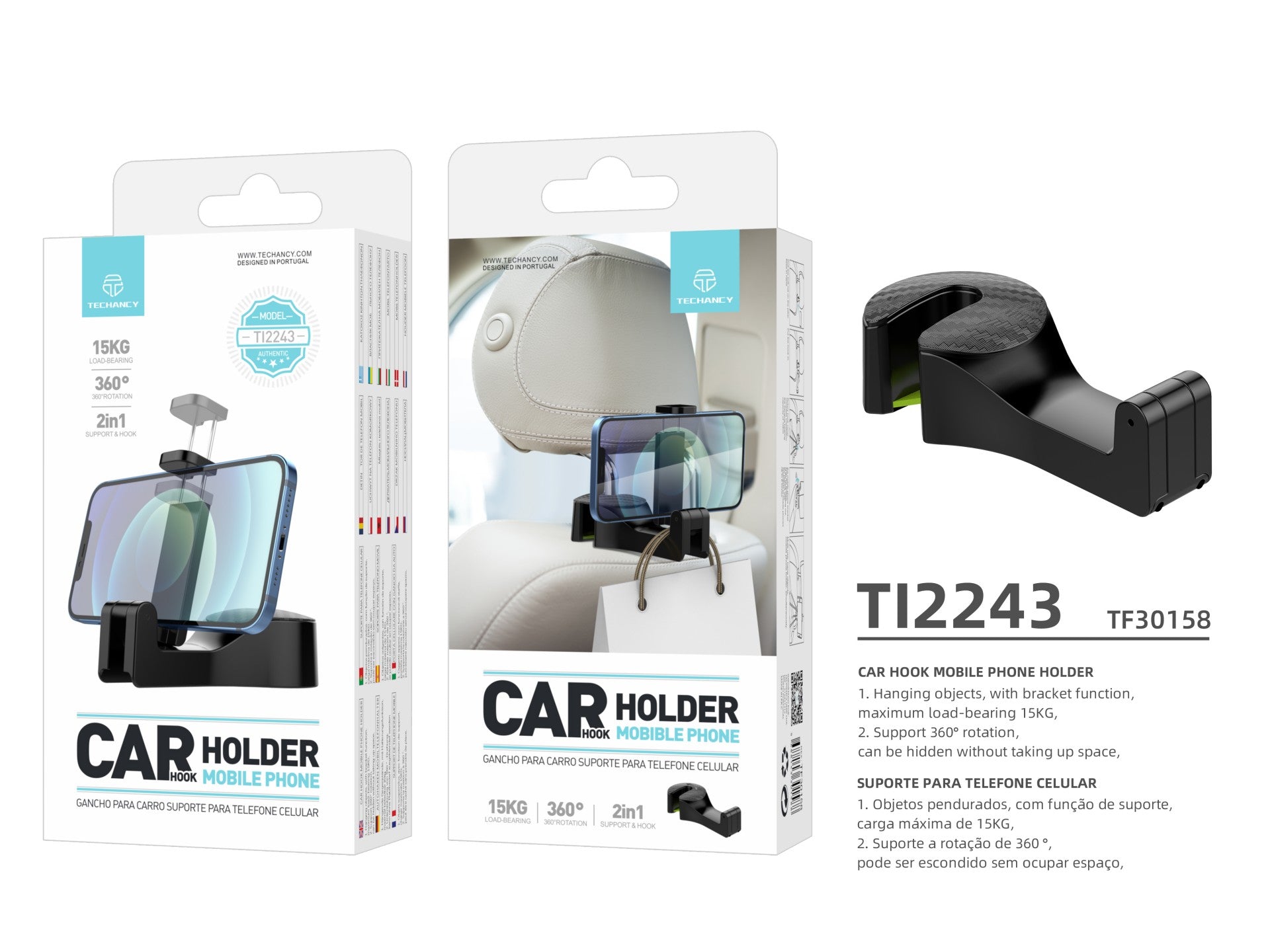 Suporte para telemóvel com gancho para banco traseiro do carro Techancy, TI2243, preto