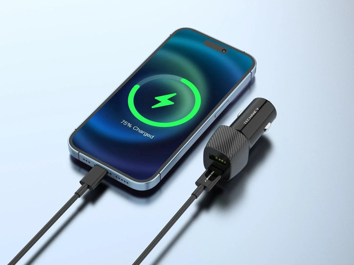 Techancy Carregador De Automóvel 48w Usb+Usb-C Pd3.0 De Porta Dupla TC6432 Com Cabo Type-C Para Lightning 1m/30w, Preto