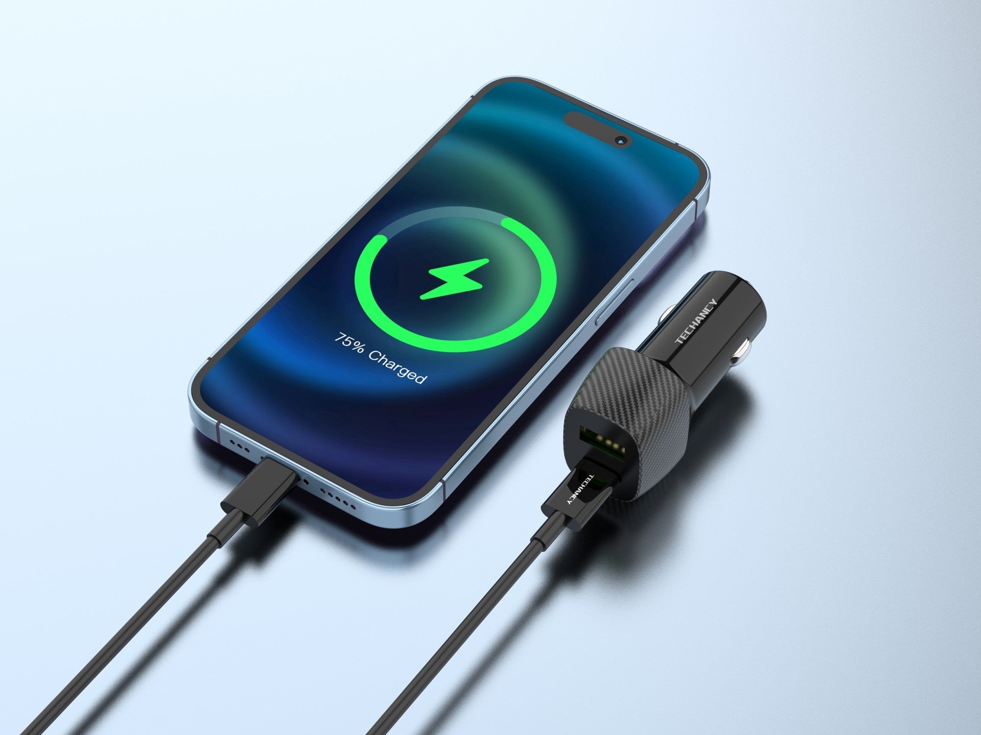 Techancy Carregador De Automóvel 48w Usb+Usb-C Pd3.0 De Porta Dupla TC6432 Com Cabo Type-C Para Lightning 1m/30w, Preto