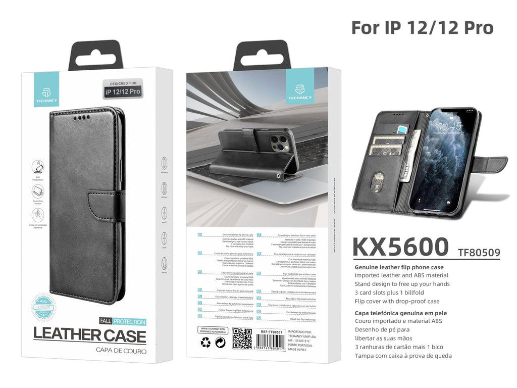 Capa flip em couro para telemóvel com 3 ranhuras para cartões, KX5600, função suporte e proteção contra choques, compatível com iPhone 12/12 Pro, Preto