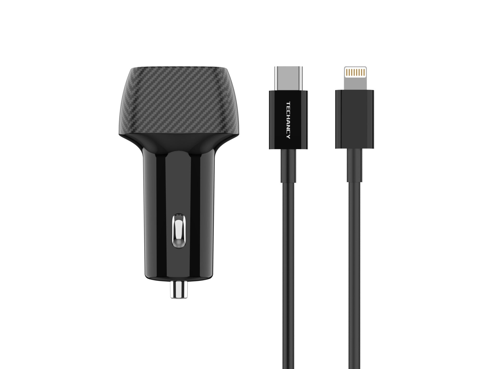 Techancy Carregador De Automóvel 48w Usb+Usb-C Pd3.0 De Porta Dupla TC6432 Com Cabo Type-C Para Lightning 1m/30w, Preto
