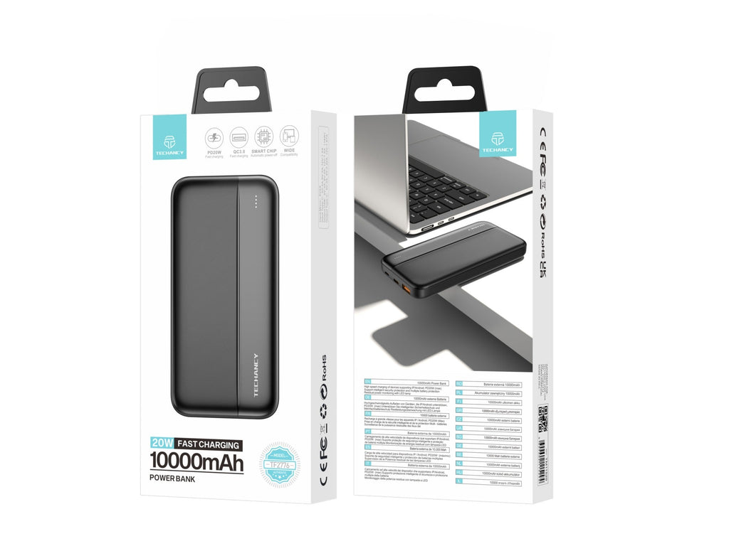 Techancy Power Bank 10000mah Preto TF2776, Carregamento Rápido Pd20w Para Smartphones, Tablets E Muito Mais!