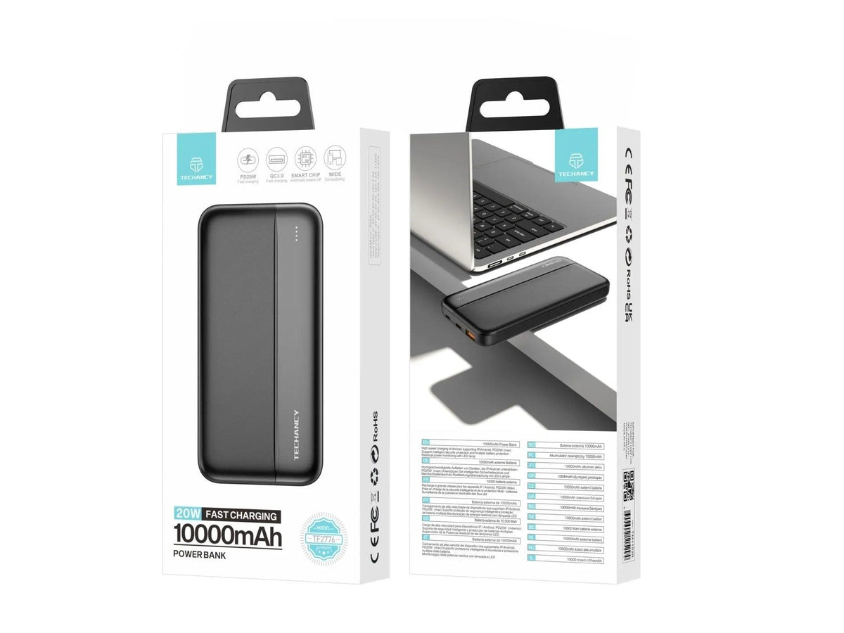 Techancy Power Bank 10000mah Preto TF2776, Carregamento Rápido Pd20w Para Smartphones, Tablets E Muito Mais!
