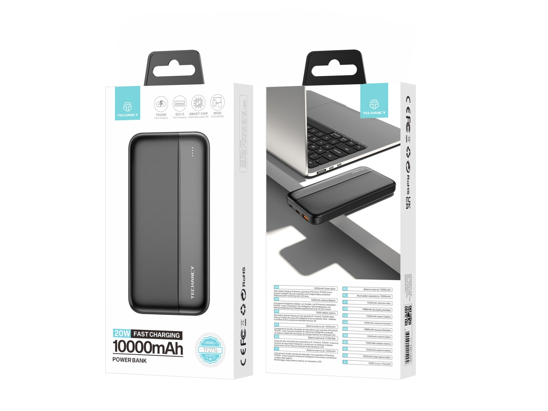 Techancy Power Bank 10000mah Preto TF2776, Carregamento Rápido Pd20w Para Smartphones, Tablets E Muito Mais!