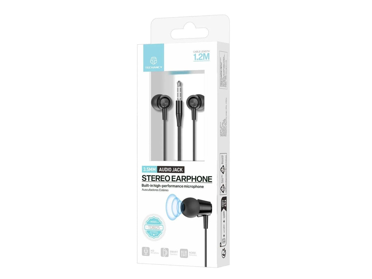 Techancy Auriculares Intra TD8025 Fio 3.5mm Estereo com Microfone Cabo 1.2M Cancelamento Ruido Som HD Compativel iPhone Samsung Huawei Xiaomi PC Preto