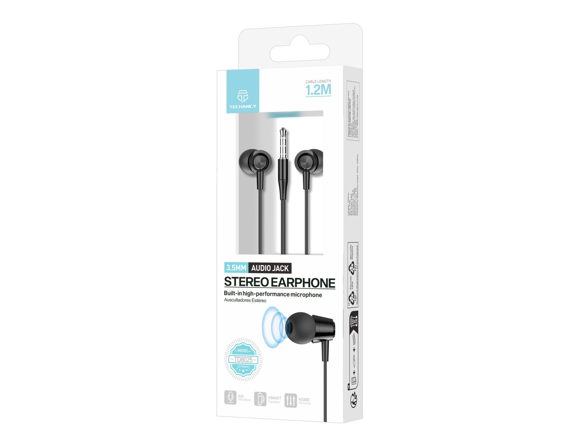 Techancy Auriculares Intra TD8025 Fio 3.5mm Estereo com Microfone Cabo 1.2M Cancelamento Ruido Som HD Compativel iPhone Samsung Huawei Xiaomi PC Preto