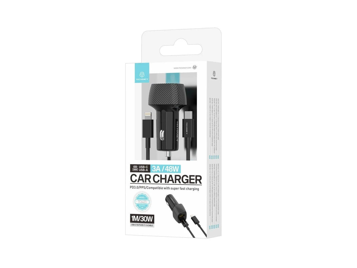 Techancy Carregador De Automóvel 48w Usb+Usb-C Pd3.0 De Porta Dupla TC6432 Com Cabo Type-C Para Lightning 1m/30w, Preto