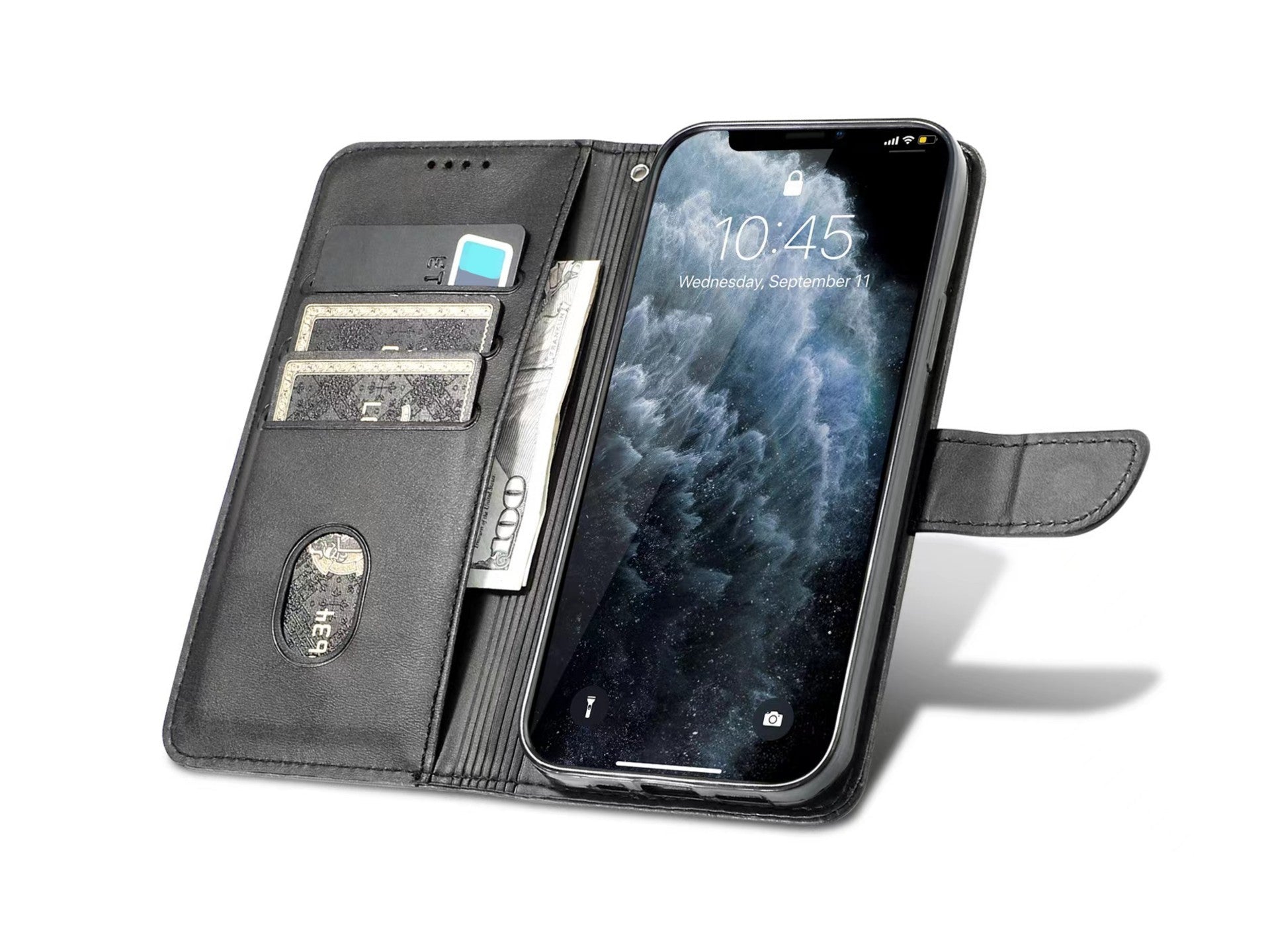 Capa flip em couro para telemóvel com 3 ranhuras para cartões, KX5600, função suporte e proteção contra choques, compatível com iPhone 12/12 Pro, Preto