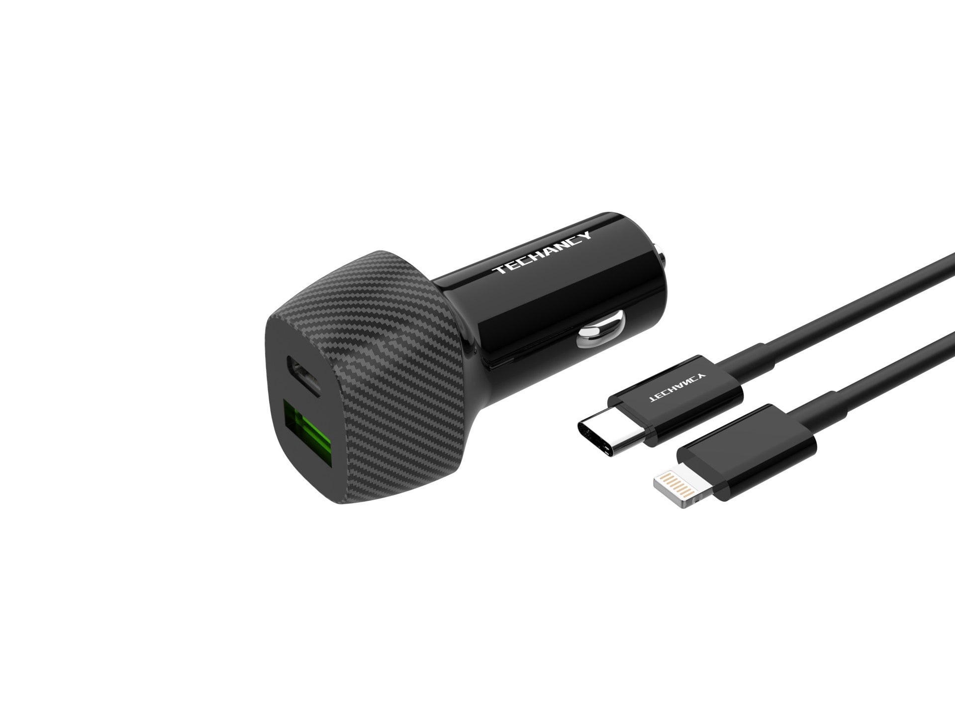 Techancy Carregador De Automóvel 48w Usb+Usb-C Pd3.0 De Porta Dupla TC6432 Com Cabo Type-C Para Lightning 1m/30w, Preto