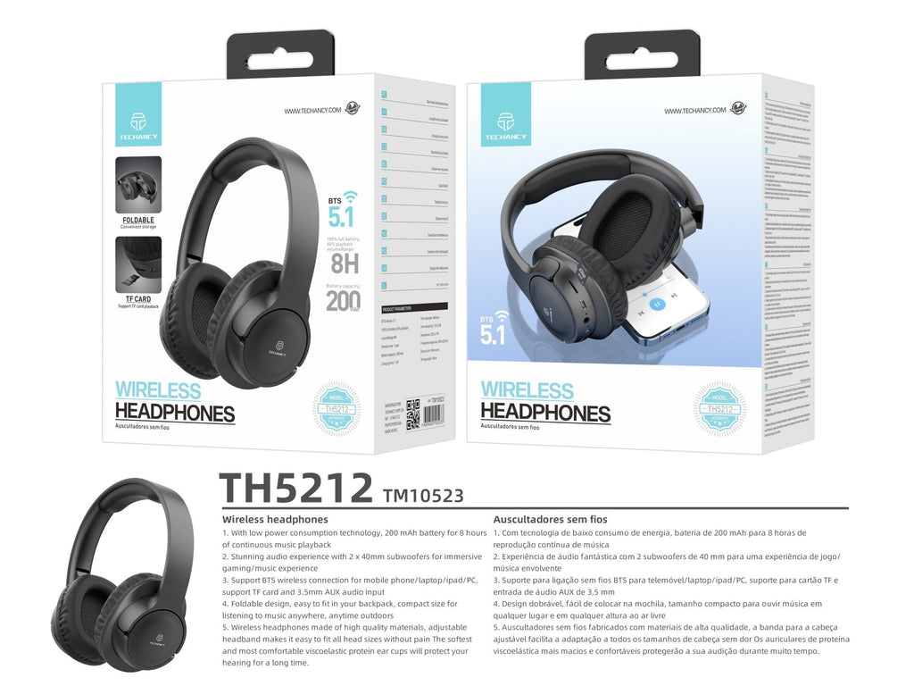 Techancy Auscultadores Sem Fios TH5212, Reprodução De Música 8h, Efeito Estéreo, Design Dobrável, Confortável De Usar.